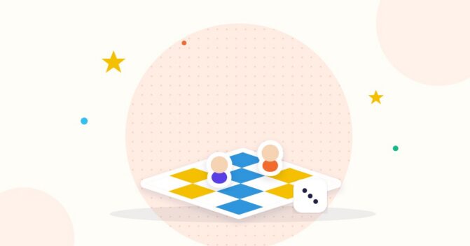 Illustration Brettspiel aus Holz mit Spielfiguren und Würfel