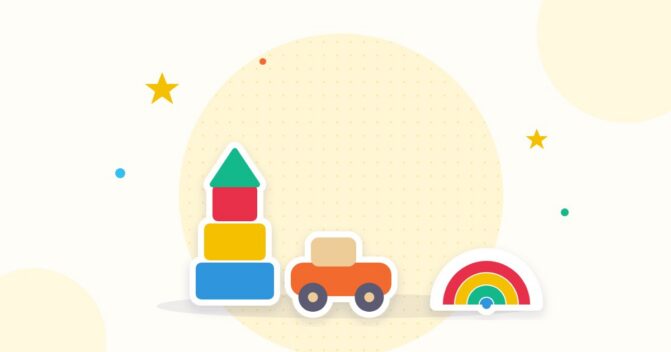 Illustration Holzspielzeug: Stapelturm, Auto, Regenbogen