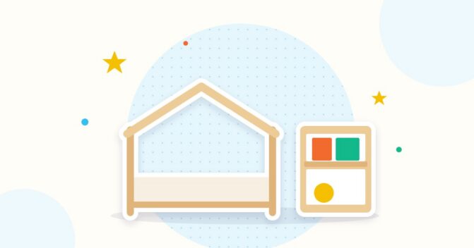 Illustration Montessori-Kinderzimmer mit Hausbett und Regal