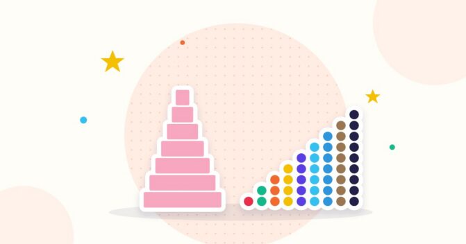 Illustration Montessori-Material: rosa Turm und Perlentreppe