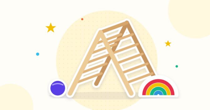 Illustration Pikler-Dreieck aus Holz mit Ball und Regenbogen