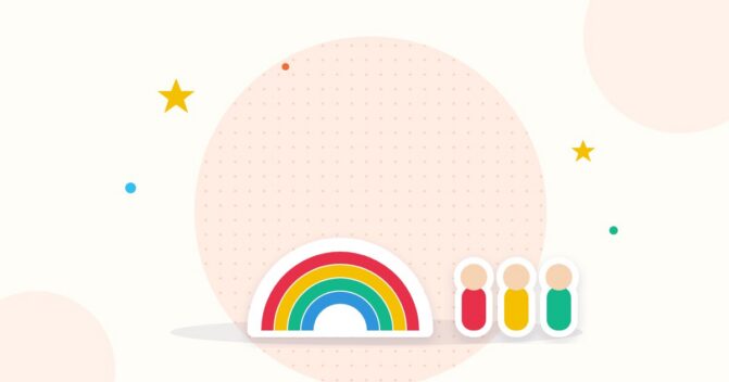 Illustration Regenbogen und Spielfiguren aus Holz